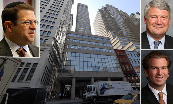 From left: 55 Broadway in Financial District (inset: Jordan Slone, Scott Latham and Stephen Shapiro)