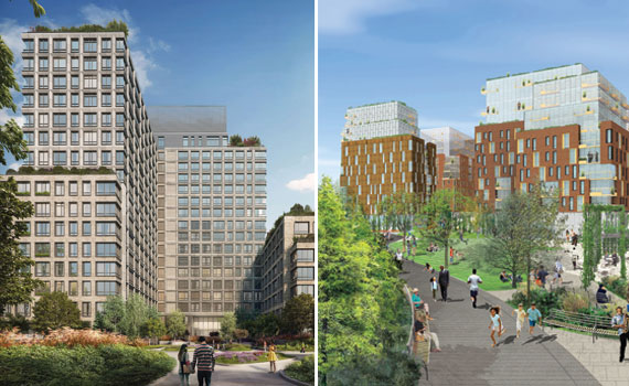From left: Greenland Forest City Ratner Partners’ 550 Vanderbilt in Pacific Park and Hudson Companies’ Gowanus Green