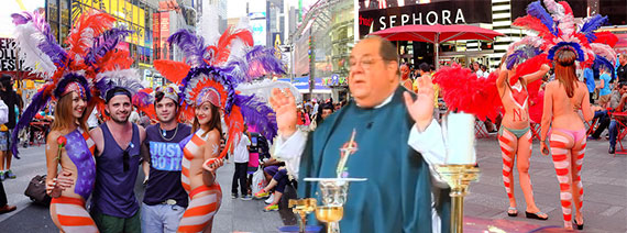 Times Square pedestrian plaza (credit: Steven Pisano/Flickr) and the Rev. Peter Colapietro