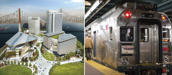 Left: The $2 billion Cornell Tech “applied sciences” campus broke ground on Roosevelt Island in June. Right: New Jersey Transit’s link to Manhattan is through 100-year-old tunnels owned by Amtrak that are operating over capacity and were severely damaged by Superstorm Sandy. The fight to add a second tunnel predates the storm.