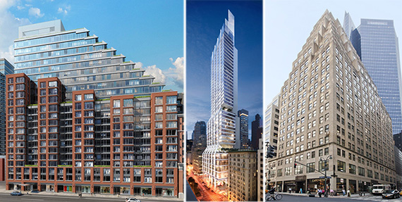 From left: Rendering of 525 West 52nd Street (credit: Handel Architects), rendering of 425 Park Avenue (credit: Foster + Partners) And 370 Lexington Avenue