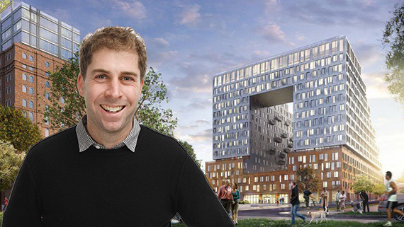 Jed Walentas and a rendering of 325 Kent Avenue (credit: SHoP Architects)