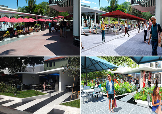 Photos of the existing improvements on Lincoln Road (left) and renderings of the new Lincoln Road master plan (right) (Credit: James Corner Field Operations)