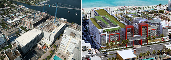 An aerial view of the Melia Costa construction site in May and a rendering of the finished product