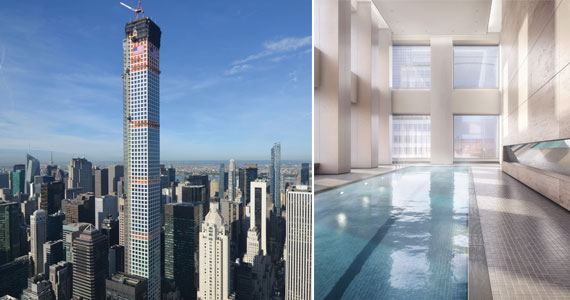 From left: 432 Park Avenue when it topped out last year and a view of it’s 75-foot indoor swimming pool