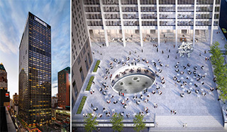 From left: 1633 Broadway in Midtown and a rendering of the 28 Liberty Street plaza in the Financial District