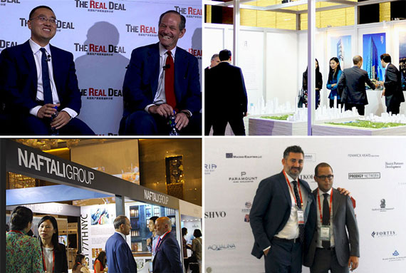 Clockwise from top left: Shang Dai and Eliot Spitzer, attendees enjoying an exhibit, the Naftali Group's booth and Amir Korangy and Rotem Rosen