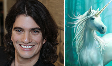 From left: Adam Neumann and a unicorn (the term for startups that reach a $1 billion valuation)