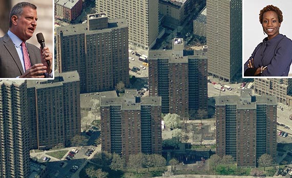 Holmes Towers on the Upper East Side (inset: Bill de Blasio and NYCHA's Shola Olatoye)
