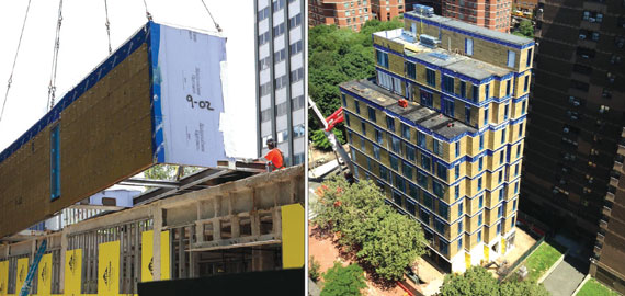 Modules made in Brooklyn are put in place for Carmel Place, the micro-apartment project in Kips Bay