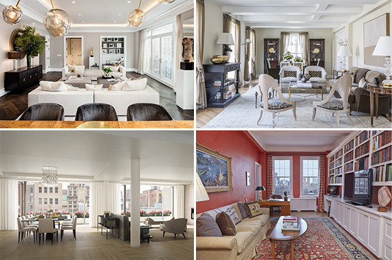 Clockwise from top left: 1110 Park Avenue, 18 Gramercy Park South, 21 West 20th Street and 33 East 70th Street
