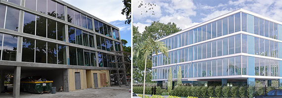 The building at 5555 Biscayne Boulevard currently under construction and a rendering of the finished product.