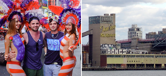 From left: Desnudas in Times Square and the Domino Sugar Factory in Williamsburg