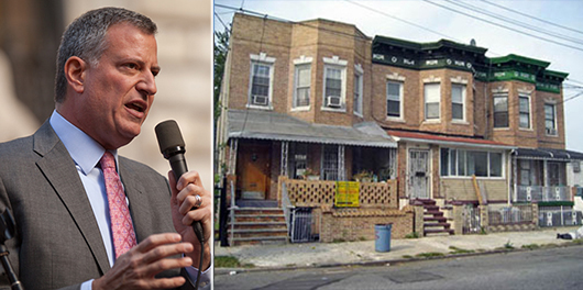 From left: Mayor Bill de Blasio and East New York homes