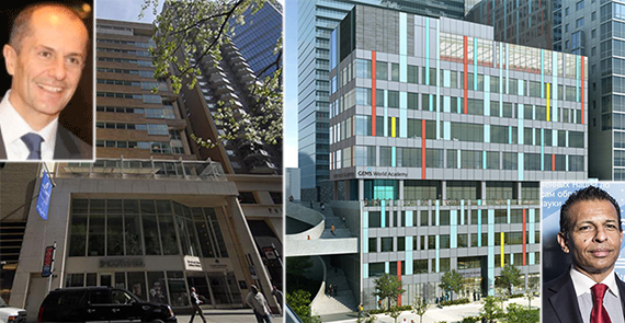 From left: 111 East 59th Street in Plaza District and GEMS World Academy in Chicago (inset: David Tawfik and GEMS founder Sunny Varkey)
