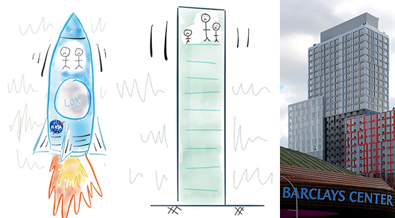 <em>From left: Sketches of Ares 1 and building vibrations (Credit: Thornton Tomasetti) and a rendering of B2 BKLYN (Credit: SHoP Architects/Forest City Ratner) </em>
