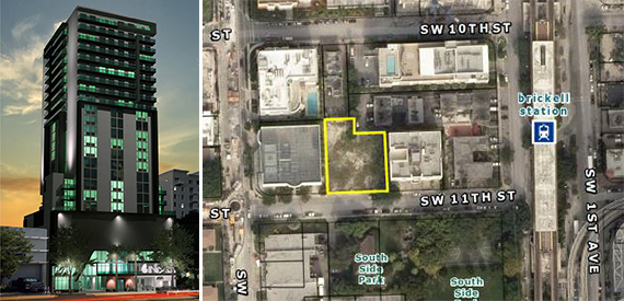 Rendering of the Hotel Indigo in the Brickell area and a map of the site