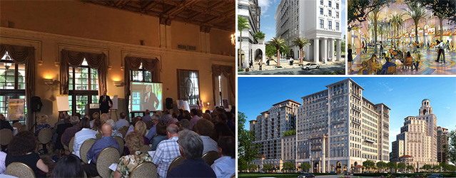 Ron Shuffield speaking at the Biltmore Hotel on Wednesday, and renderings of projects in Coral Gables