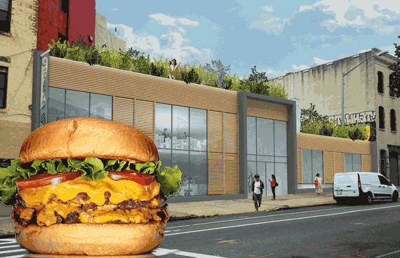 Proposed rendering of 661 Driggs Avenue in Williamsburg and a Shake Shack burger