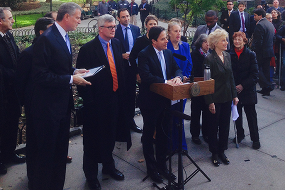 Dan Garodnick speaking at a press conference announcing the deal on October 20. Surrounding him, from left: Bill de Blasio, Brian Kavanagh, Jonathan Gray, Manhattan Borough President Gale Brewer and Susan Steinberg.
