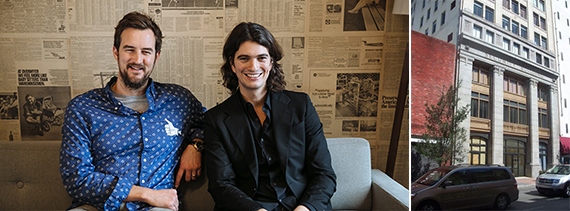From left: WeWork's Miguel McKelvey and Adam Neumann, and the Security Building in downtown Miami (Credit: Wikipedia Commons user Ebyabe)