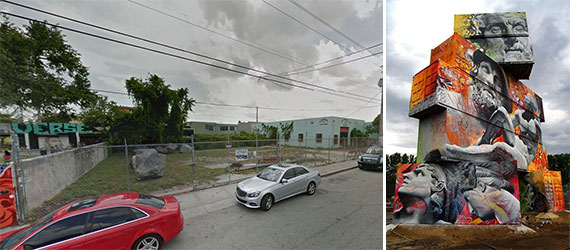 The lot where Goldman Properties will build its Wynwood Walls Garden space, and an example of Pichi &amp; Avo's mural work