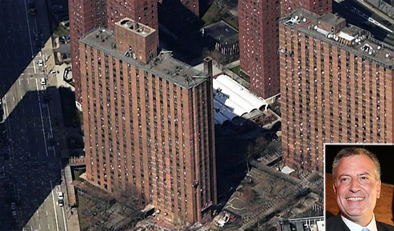 <em>Holmes Towers on the Upper East Side (inset: Mayor Bill de Blasio)</em>