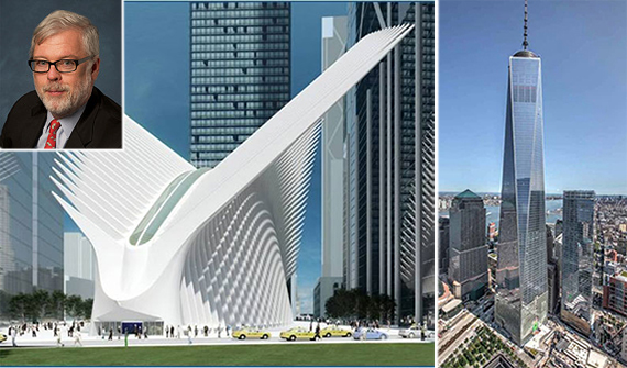 <em>From left: Rendering of Westfield's World Trade Center and One World Trade Center (inset: Port Authority Executive Director Pat Foye)</em>