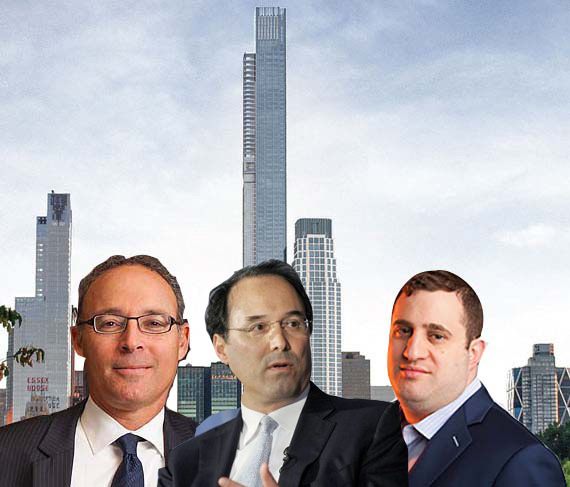 Miki Naftali, Gary Barnett and Michael Stern in front of a rendering of Billionaires' Row (credit: New York Yimby)