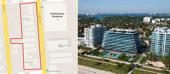 A map of the Château Group's acquisitions in Surfside and a rendering of the Fendi Château Residences project that's being developed across the street