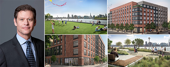 From left: Brookfield's global head of real estate Ric Clark and renderings of Greenpoint Landing