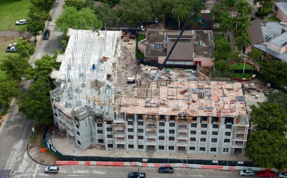 An aerial view of the Courtside Apartments' construction site in Overtown