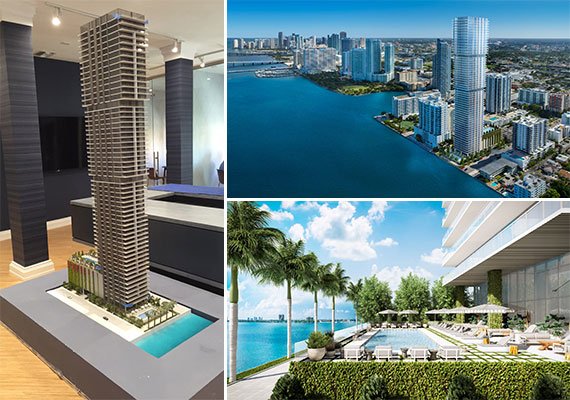 A model in the sales center and renderings of Elysee Miami