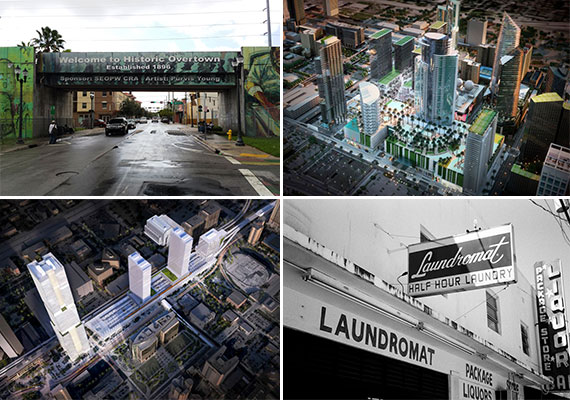Clockwise from top left: Miami's Overtown neighborhood (Credit: CreativeCommons user Pietro), a rendering of Miami Worldcenter, a historic Laundromat sign in Overtown (Credit: Phillip Pessar), and a rendering of All Aboard Florida's MiamiCentral station