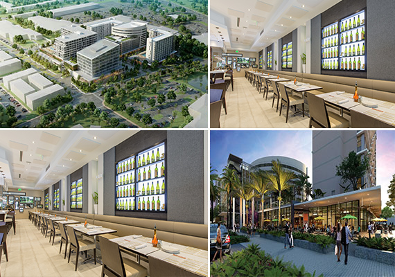 Renderings of Aventura ParkSquare and photos of Angelo Elia Pizza Bar &amp; Tapas in Weston