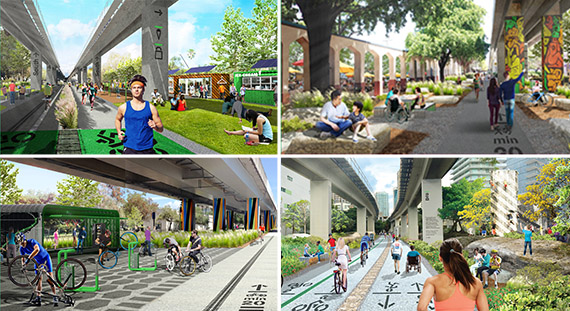 Renderings of the Underline linear park and trail in Miami