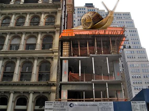 Construction site at 57 Reade Street in Tribeca in 2009 (via Photobucket) and a snail