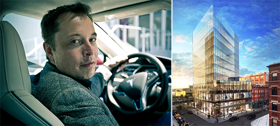 From left: Elon Musk in a Tesla (credit: Gas2) and rendering of 860 Washington Street (credit: James Carpenter)