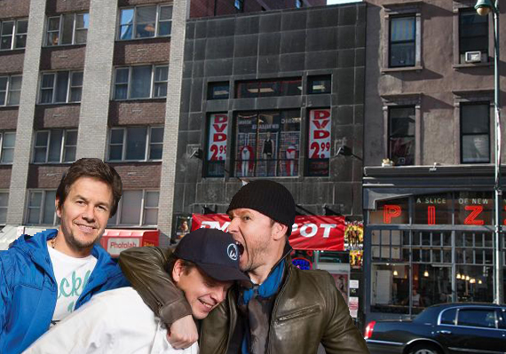 <em>725 Eighth Avenue in Midtown (inset from left: Mark, Paul and Donnie Wahlberg) (credit: A&amp;E)</em>