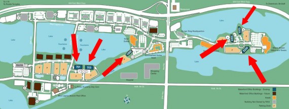 A map of the Waterford at Blue Lagoon office park near the Miami International Airport. Red arrows indicate the buildings included in the deal