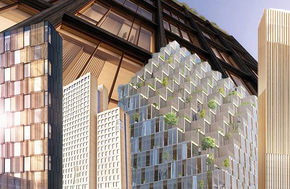 <em>Rendering of 475 West 18th Street (inset from left: renderings of LEVER Architecture's Framework, of Rüdiger Lainer and Partner's HoHo project, C.F. Moller 's HSB 2023 and MGA's Baobab)</em>