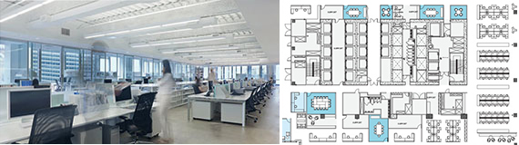 Efficient office space at 7 World Trade Center (credit: Silverstein Properties) and a floor plan for 10 Hudson Yards