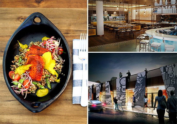 Clockwise from left: A salmon dish from Pisco y Nazca, interior of the restaurant and exterior of Wynwood Arcade