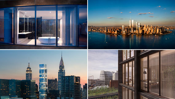 Clockwise from top left: 520 West 28th Street, the World Trade Center complex, 475 West 18th StreetAnd 303 East 44th Street