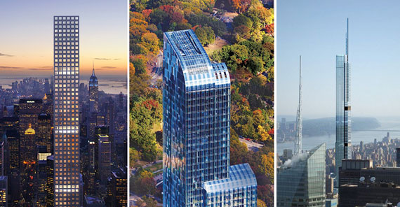 From left: 432 Park Avenue (Credit: DBOX), One57 (Credit: Extell Development) and Central Park Tower