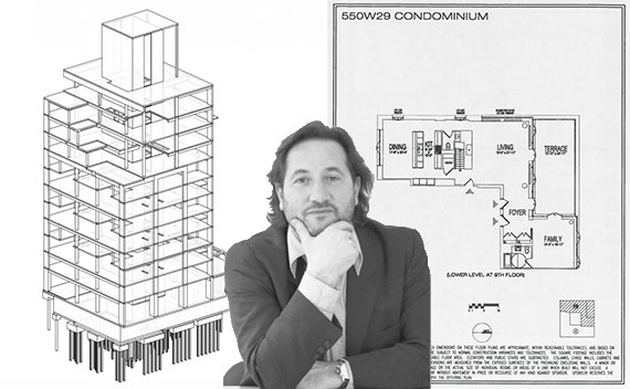 Cary Tamarkin and a rendering/floor plan for 550 West 29th Street
