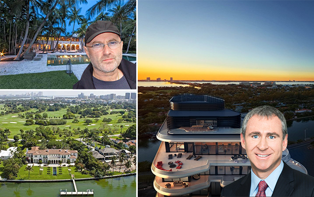 Clockwise from left: 5800 North Bay Road and Phil Collins, Faena House and Ken Griffin, and 17 Indian Creek