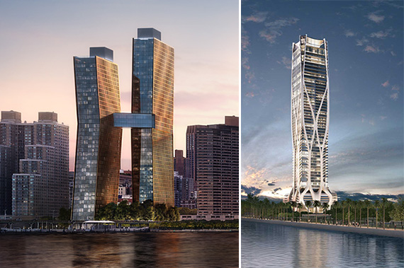 From left: Renderings of 626 First Avenue in Murray Hill (credit: JDS Development) and the One Thousand Museum in Miami (credit: One Thousand Museum)
