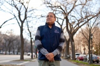 Superintendent Francis R Alphonse poses for a portrait in front of the 341 Eastern Parkway luxury apartments in Crown Heights, Brooklyn, N.Y. CREDIT: Bryan Anselm for ProPublica