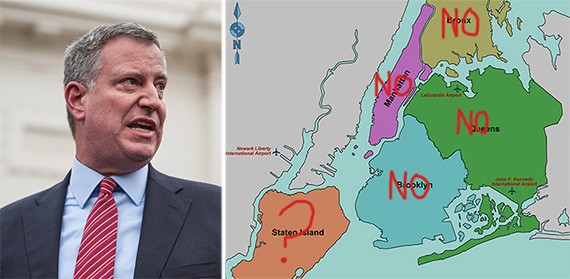 From left: Bill De Blasio and a map of the city with borough board votes